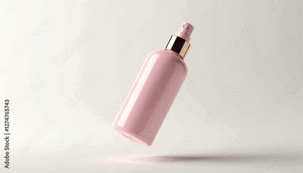 Poster elegant product packaging mockup with glossy pastel pink face mist bottle and metallic sprayer, floa