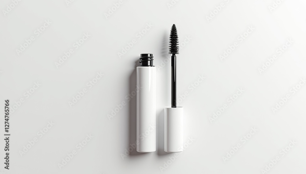 Leinwandbilder minimalist mascara tube mockup top view with glossy white cylindrical tube and open applicator wand,