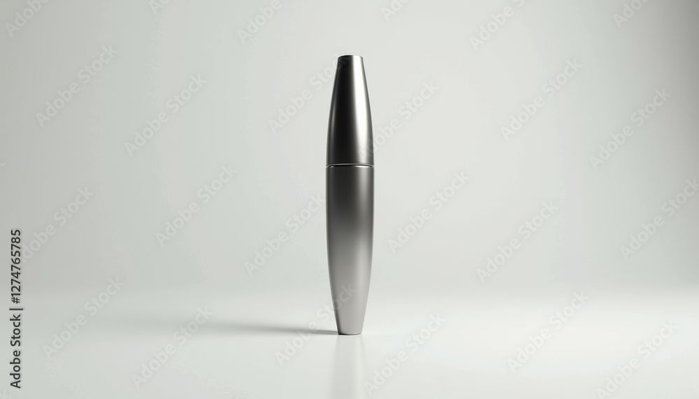 Poster high-quality 3d render of mascara tube with matte silver finish, standing upright on reflective whit
