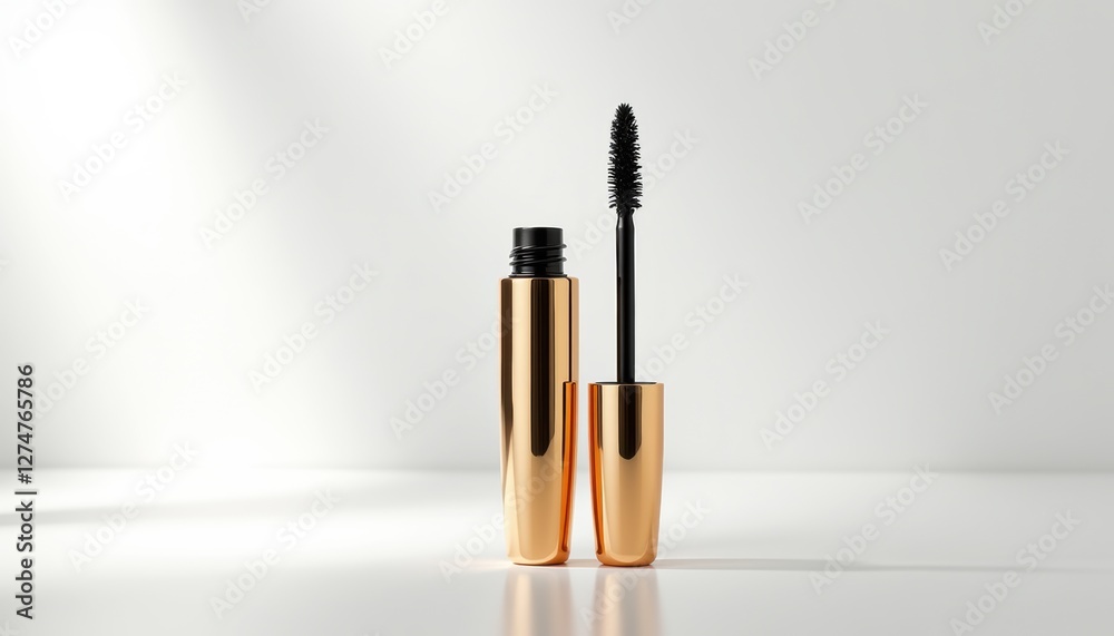 Poster elegant product packaging mockup with metallic gold mascara tube and curved wand, floating on seamle