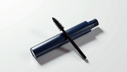 Realistic mascara tube mockup lying flat on white background with soft diffused lighting, sleek navy blue packaging and detailed brush, minimalistic composition, branding-ready with copy space