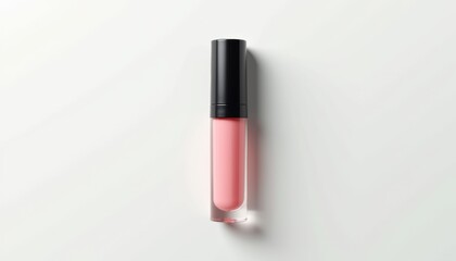 Obraz premium High-resolution cosmetic lip gloss tube mockup with elegant frosted pink tube and matte black cap, isolated on pure white background with soft reflections, modern and luxurious look with copy space