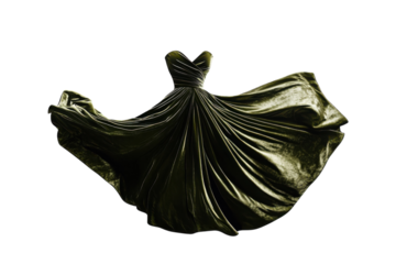 Elegant green evening gown dancing in mid-air, showcasing intricate folds and rich texture isolated on transparent background