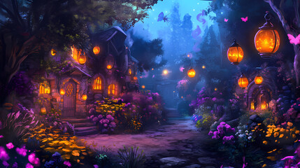 Fototapeta premium Enchanted witch's apothecary garden with glowing plants, floating lanterns, and enchanted creatures. Enchanted Floating Lanterns. Illustration