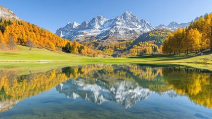 Autumn Lake Reflects Majestic Mountains and Golden Trees. Serene Landscape with Vibrant Fall Colors. Tranquil Alpine Scenery.