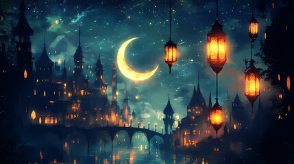 Fototapeta premium Enchanting night scene with crescent moon, floating lanterns, and silhouetted spires. Enchanted Floating Lanterns. Illustration