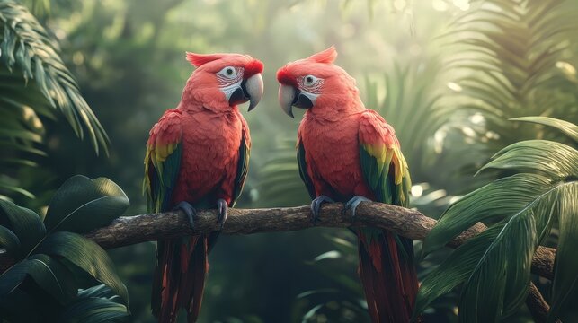 Two vibrant red parrots perched on a branch in lush jungle setting with sunlight filtering through