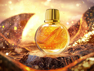 luxurious elixir setup with golden bottle on rocky surface, surrounded by warm, glowing ambiance. scene exudes opulence and elegance, with sparkling highlights