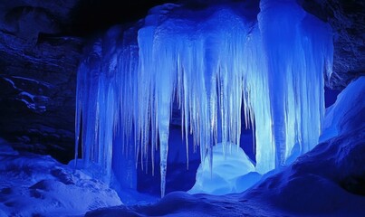 A spectacular blue ice cave highlighted by luminous water and striking stalactites.