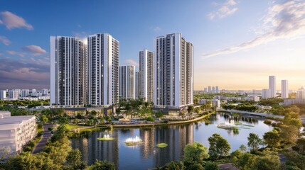 Modern Apartment Complex Overlooks Tranquil Lake at Sunset with Urban Living Concept.