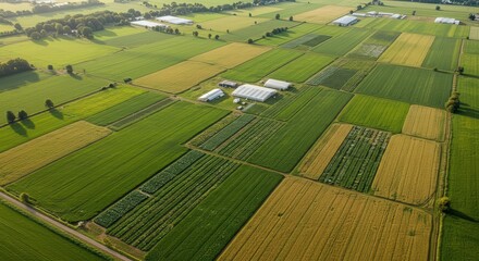 Aerial View of Large Farm with Crops and Greenhouses