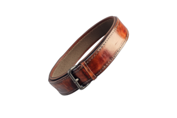 Stylish brown leather belt floating against a clean white backdrop with a modern aesthetic appeal isolated on transparent background