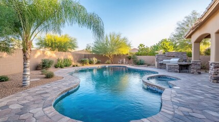 Obraz premium Backyard Pool Area with Stone Patio and Grill