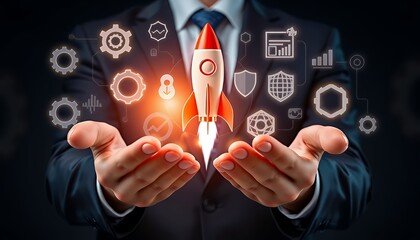 Fototapeta premium Rocket Launch Startup Business Concept with Businessman Holding Startup Rocket