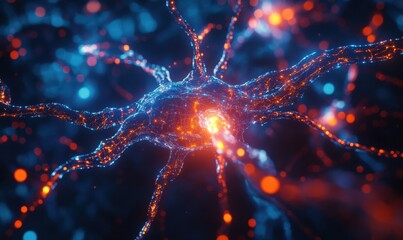 Abstract digital visualization of glowing circuits forming a high-tech neural network, vibrant blue and orange tones creating a futuristic tech theme, clean sharp design