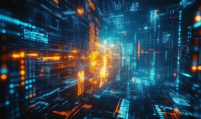Abstract financial data visualization with glowing graphs and charts in vibrant blue and orange hues, futuristic stock market concept, dynamic and bold tones
