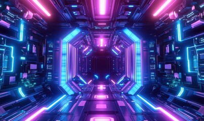 Abstract glowing neon circuit board pattern, futuristic high-tech design with vibrant blue and purple tones, clean and dynamic, sharp and detailed