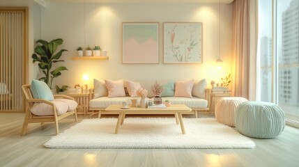Fototapeta premium Modern Living Room with Soft Pastel Decor and Cozy Atmosphere