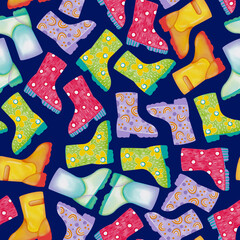 Seamless pattern with cute colorful rubber boots, rainy weather, spring gardening, waterproof shoes, outdoor fashion, autumn footwear, cartoon style design