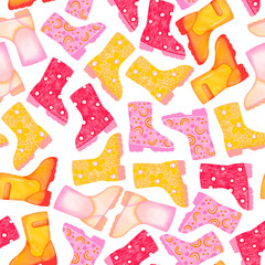 Rain boots seamless pattern, waterproof rubber shoes for spring and autumn, gardening footwear, outdoor fashion, cute cartoon style Illustration on white background