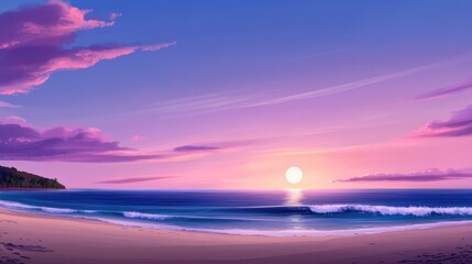 Fototapeta premium A serene beach view under a colorful sunset. The sky is painted in shades of purple and pink, reflecting on the gentle waves of the ocean, creating a tranquil atmosphere.