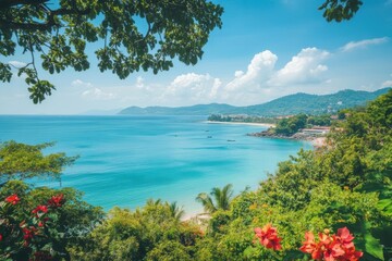 Obraz premium Tropical Coast Meets Azure Ocean with Lush Greenery and Coastal Paradise Scenic View