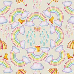 Playful watercolor seamless background with summer rain elements, raindrops, clouds, umbrellas, rain boots, children's seasonal print for fabric, children's clothing, gift wrapping, wrapping paper