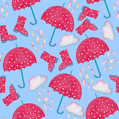 Pink and blue seamless watercolor pattern with umbrellas, raindrops, clouds, rubber boots. Kids background for fabric, wallpaper, gift wrapping and children's clothing
