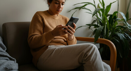 Fototapeta premium A woman is sitting on a couch and looking at her cell phone