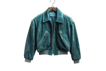 A vibrant teal leather jacket elegantly hanging against a minimalist backdrop in soft lighting isolated on transparent background