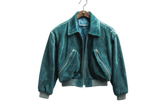 A vibrant teal leather jacket elegantly hanging against a minimalist backdrop in soft lighting isolated on transparent background