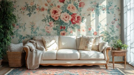Elegant vintage living room with floral wallpaper and comfortable sofa