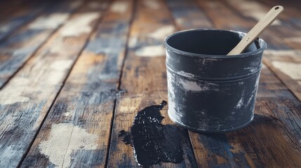 Weathered wooden floor with paint bucket and brush on rustic surface