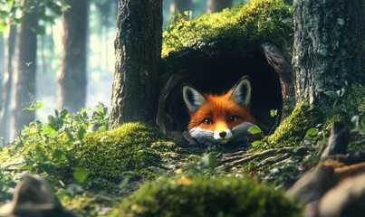 Curious fox peeking out from a forest den, vibrant orange fur glowing in the soft sunlight, peaceful woodland environment with clean sharp tones