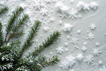 Joyful Winter Landscape with Fir Sprigs and Snowflakes on White Background