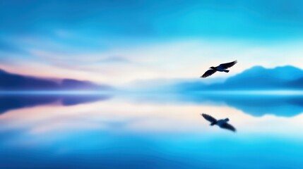 A serene landscape featuring a tranquil lake with a bird soaring above, reflecting the vibrant colors of the sky at sunset, creating a peaceful scene in nature.