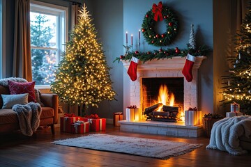 Fototapeta premium Charming Holiday Getaway with Illuminated Tree Cozy Fireplace and Festive Presents