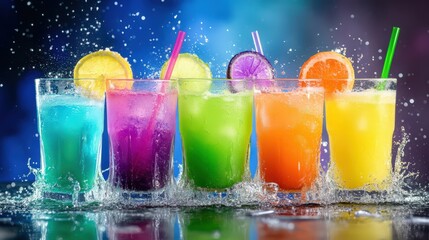 Colorful assortment of refreshing drinks splashing in glasses with citrus garnishes, vibrant background