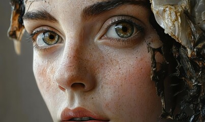 A close-up portrait of a person with intense, expressive eyes