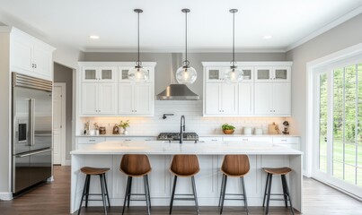 Modern kitchen with island, stools, white cabinets, stainless steel appliances.