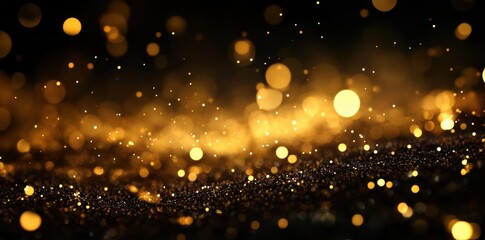 Golden Glitter Sparkles on Black Background with Festive Lights, Magical Atmosphere.