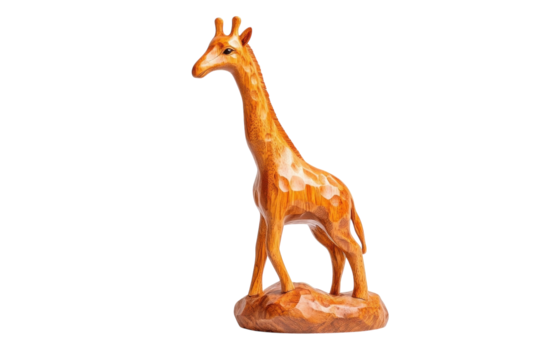 Elegant wooden giraffe sculpture on a smooth surface, highlighting artistry and craftsmanship isolated on transparent background