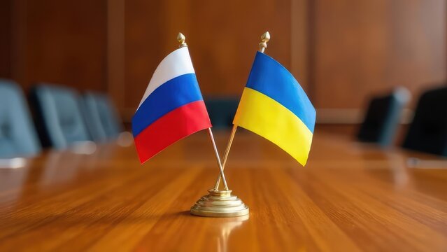 Miniature Russian and Ukrainian flags stand on a polished wooden table in a conference room.
Concept of diplomatic negotiations. Concept of peaceful negotiations.
