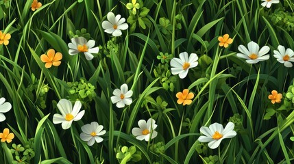 Vibrant wildflowers among lush green grass in a natural meadow setting