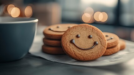 Brightly decorated cookies with smiley faces are stacked near a cup filled with a warm drink, creating a cozy atmosphere perfect for celebrating happiness and joy