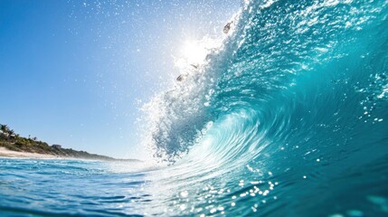 Fototapeta premium A swimmer gracefully dives underwater, creating ripples as sunlight filters through the waves, illuminating the vibrant aquatic world