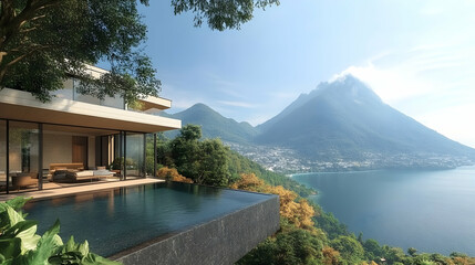 Naklejka premium Modern house overlooking lake and volcano