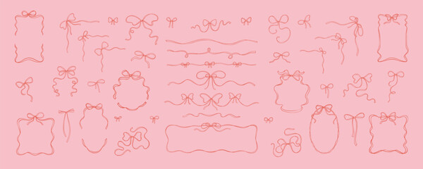 Set of coquette girly bow ribbon frames, dividers, separators, corner borders, tied bows. Cute line doodle sketch vector illustration. Aesthetic trendy minimalist design elements. Filigree drawing