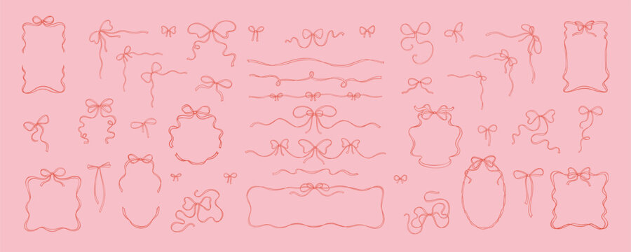 Set of coquette girly bow ribbon frames, dividers, separators, corner borders, tied bows. Cute line doodle sketch vector illustration. Aesthetic trendy minimalist design elements. Filigree drawing