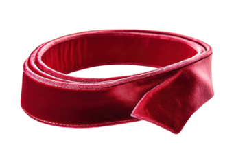 Elegant red velvet ribbon wrapped in a soft curl, showcasing its rich color and texture beautifully isolated on transparent background